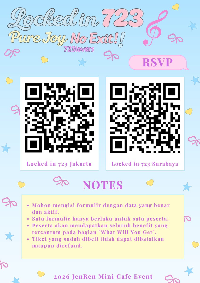 723lovers's tweet photo. ✦ ── Open RSVP ── ✦

LOCKING IN THE VIBE 🔐✨

JAKARTA
📍 Tokpo, Tebet, Jakarta Selatan
🗓️ 25 July 2026
⏰ RSVP :  7 June • 7:23 PM
🔗 [ https://t.co/7E6wzRxD6D ]

SURABAYA
📍 Tomoro, Joyoboyo, Surabaya
🗓️ 26 July 2026
⏰ RSVP : 8 June • 7:23 PM
🔗 [ https://t.co/DsQmHcsckO ]

See you at Noren Cafe 🤍