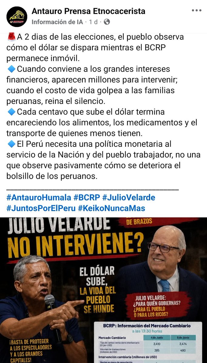 Karblack111's tweet photo. La página Antauro Prensa vuelve a atacar a Julio Velarde y al BCR.
Antauro Humala, aliado de Roberto Sánchez, deja en evidencia sus intenciones de destruir el país. 
El Perú no puede caer tan bajo ni poner su futuro en manos de personas tan incapaces.
#EleccionesPerú2026 https://t.co/GZRcmn1Vg9