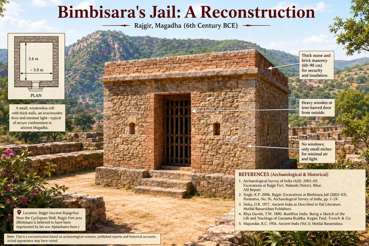 PrasunNagar's tweet photo. A reconstruction of 'Bimbisara's Jail' based on ASI reports (1st image). 

It is here that as per texts, Bimbisar was imprisoned by his son Ajatshatru in c. 491 BCE. 

Legends mention a skeleton of a man in fetters, which was found from this location during excavations in late 19th century. 

Second image = The spot as visible now.