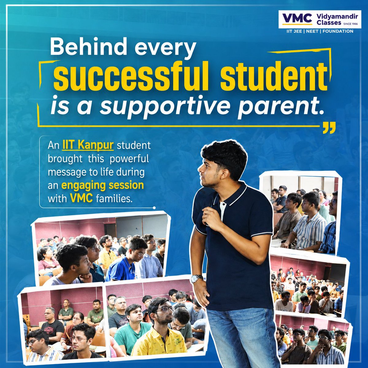 VmcLearning's tweet photo. 👨‍🎓A packed room. An IIT Kanpur student at the front. And a message every JEE aspirant's family needed to hear.Behind every successful student is a supportive parent — and VMC made sure  they were in the same room.🚀
.
#VMC #JEE2027 #JEEAspirants #iitkanpur #ParentSeminar https://t.co/SqNDWoqswn