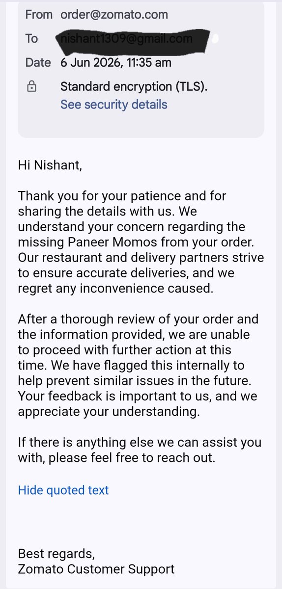 ErNdubey's tweet photo. @zomatocare @zomato @jagograhakjago 
Order ID# 8203906465: Paneer Momos missing in the order. Helpless App chat support pointed to order@zomato.com. Ticket ID 169346020 raised on email. Photos and invoice attached to email. Email support unable to refund without reason. Help pl. https://t.co/alfzvrpYUL