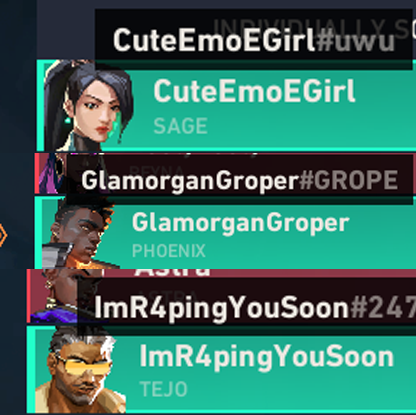 Alexandrrriiia's tweet photo. Got in a game of @valorant with these people and they begin the round by cornering sakuu and throwing their util at her and killing her. When I called them out for it they then did the same to me. Then proceeds to lie to the enemy team about what's really happening.

pathetic. https://t.co/B7lrswY1AV
