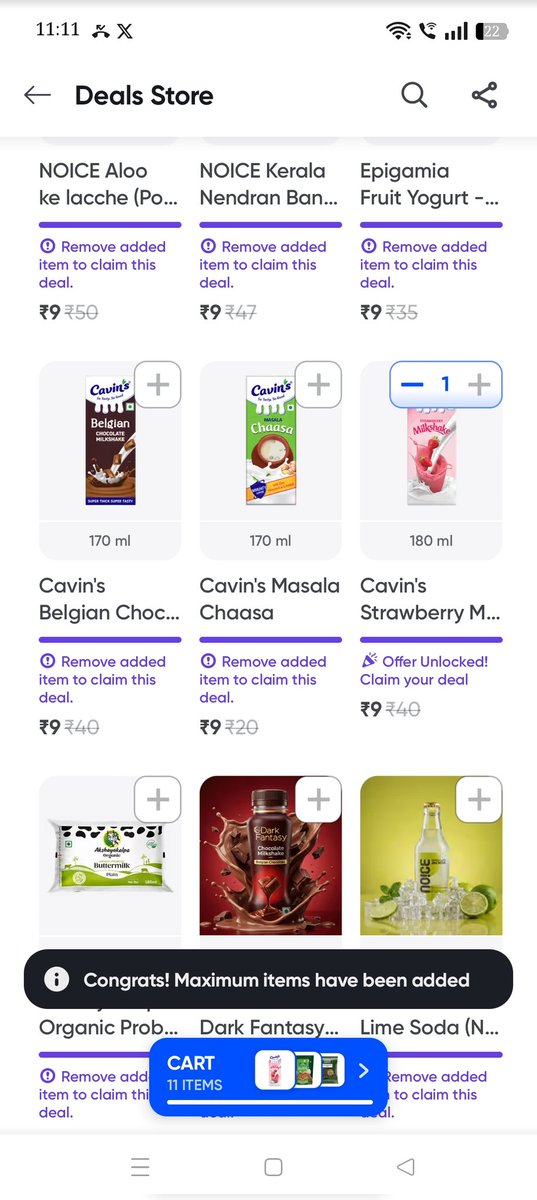 ModHard317's tweet photo. @SwiggyCares: A ₹9 deal item doesn’t get added to the cart. It says, “Congrats, added,” but when we go to the cart page, the same gets removed. Many of us are facing this issue/glitch since yesterday. Please fix it so that more customers can choose Insta over other grocery apps. https://t.co/wuBiQHZTTa