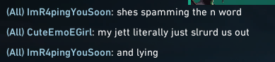 Alexandrrriiia's tweet photo. Got in a game of @valorant with these people and they begin the round by cornering sakuu and throwing their util at her and killing her. When I called them out for it they then did the same to me. Then proceeds to lie to the enemy team about what's really happening.

pathetic. https://t.co/B7lrswY1AV