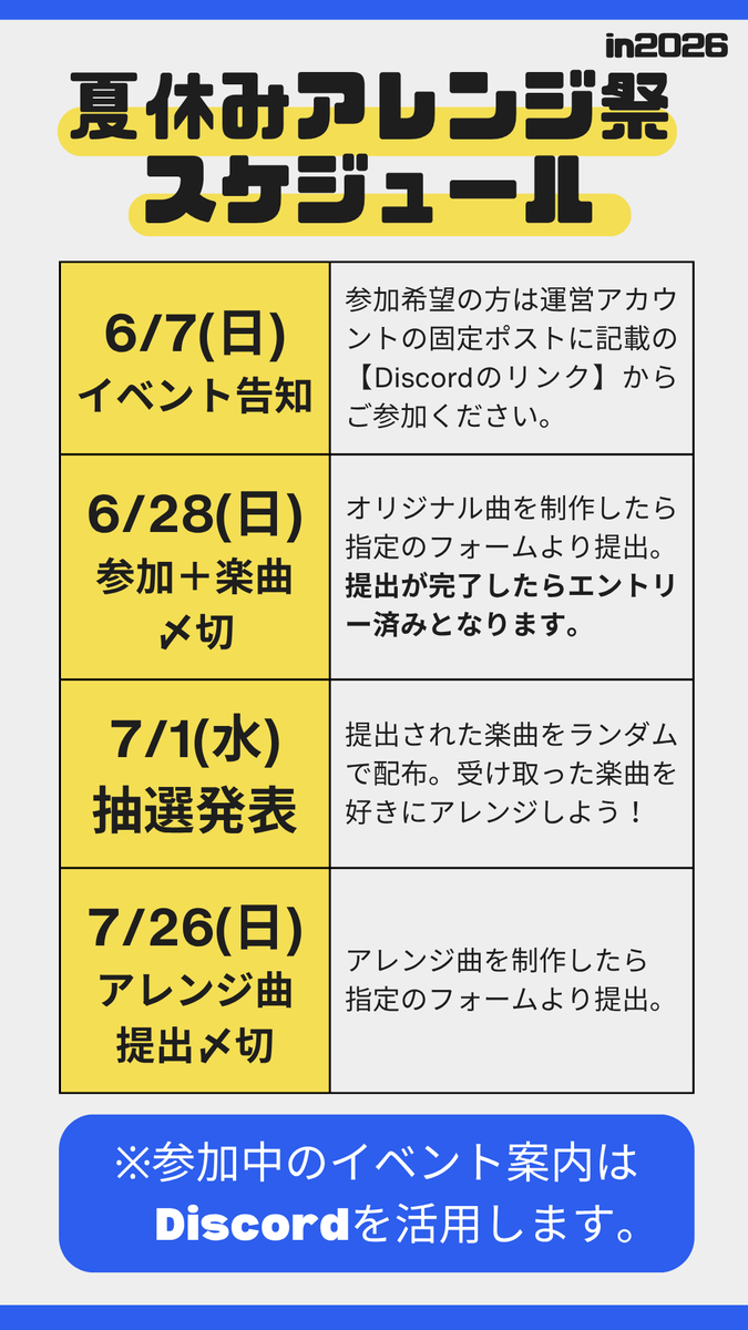 arrangefes's tweet photo. 【📣イベント開始‼️】 
毎年100人以上のDTMerが参加する大混沌イベント、今年もやります #夏休みアレンジ祭

 プロアマ不問「オリジナル曲を作って交換、アレンジして聴き比べる」音楽交流企画です！
詳細は動画をご覧ください。  

参加は🔻以下リンク🔻よりご自由にどうぞ！
https://t.co/RMPHQ1sRfs https://t.co/9aBDz5LHxe