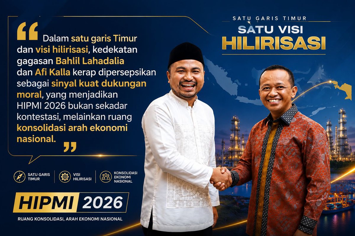 dhanesa_1's tweet photo. keselarasan visi antara kanda bahlil lahadalia dan afi kalla menjadi energi baru untuk membawa hipmi 2026 sebagai wadah konsolidasi ekonomi nasional yang berdampak nyata. Kanda Dukung Afi
#HIPMIBahlil https://t.co/zJRZI5xqeF