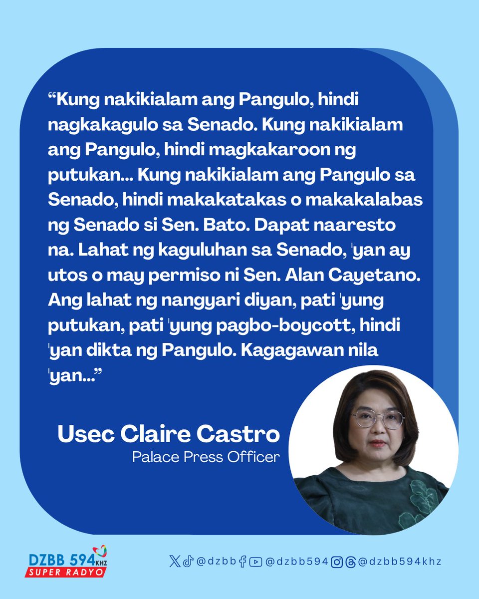 dzbb's tweet photo. "𝙇𝙖𝙝𝙖𝙩 𝙣𝙜 𝙠𝙖𝙜𝙪𝙡𝙪𝙝𝙖𝙣 𝙨𝙖 𝙎𝙚𝙣𝙖𝙙𝙤, '𝙮𝙖𝙣 𝙖𝙮 𝙪𝙩𝙤𝙨 𝙤 𝙢𝙖𝙮 𝙥𝙚𝙧𝙢𝙞𝙨𝙤 𝙣𝙞 𝙎𝙚𝙣. 𝘼𝙡𝙖𝙣 𝘾𝙖𝙮𝙚𝙩𝙖𝙣𝙤." 

—  Palace Press Officer Usec. Claire Castro sa nangyayaring alitan sa Senado https://t.co/BIm3K39B68
