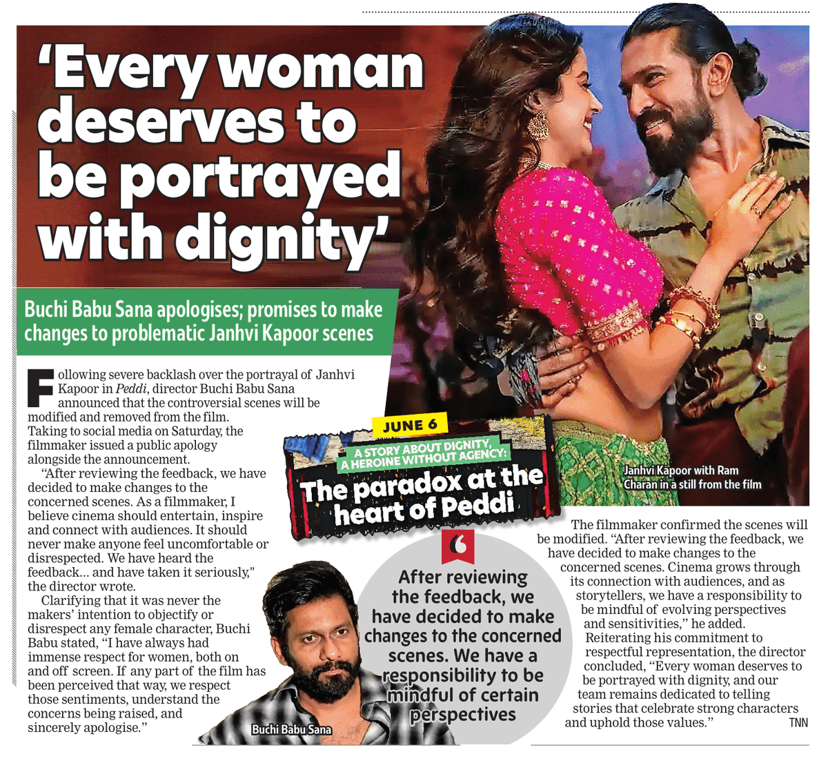 MoviesUpdatez's tweet photo. Every woman to deserves to be portrayed with dignity

@BuchiBabuSana apologises; promises to make changes to problematic #JanhviKapoor scenes 

#Peddi https://t.co/d1nUKZVJOz