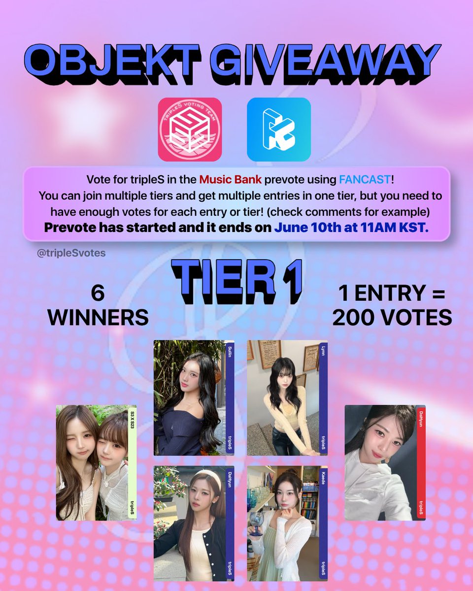 tripleSvotes's tweet photo. VOTING GIVEAWAY 💫

Vote for tripleS Baby Flower in Music Bank prevote! Total of 74 winners 🏆 

Rules:
- Follow us
- Like and RT
- Comment your cosmo ID, your watermarked voting proof and state CLEARLY which tier(s) you enter! (check example)

🗓️ Prevote ends on June 10 11AM KST
GA ends on June 11.

Check the thread for Fancast guide, vote page and voting proof example!