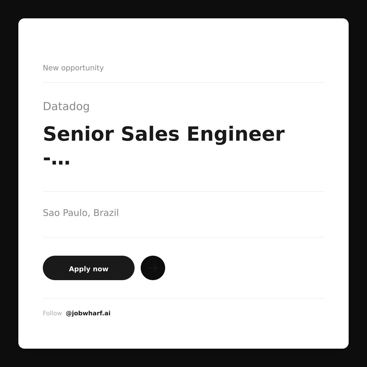 jobwharf's tweet photo. Hiring now: Senior Sales Engineer - Brazil
Apply ➜ https://t.co/DoiL8mgtti
Datadog
📍 Sao Paulo, Brazil
💰 Salary negotiable
#seniorsales #datadogjobs #hiring #jobsearch #techjobs https://t.co/MRGShP1hJb