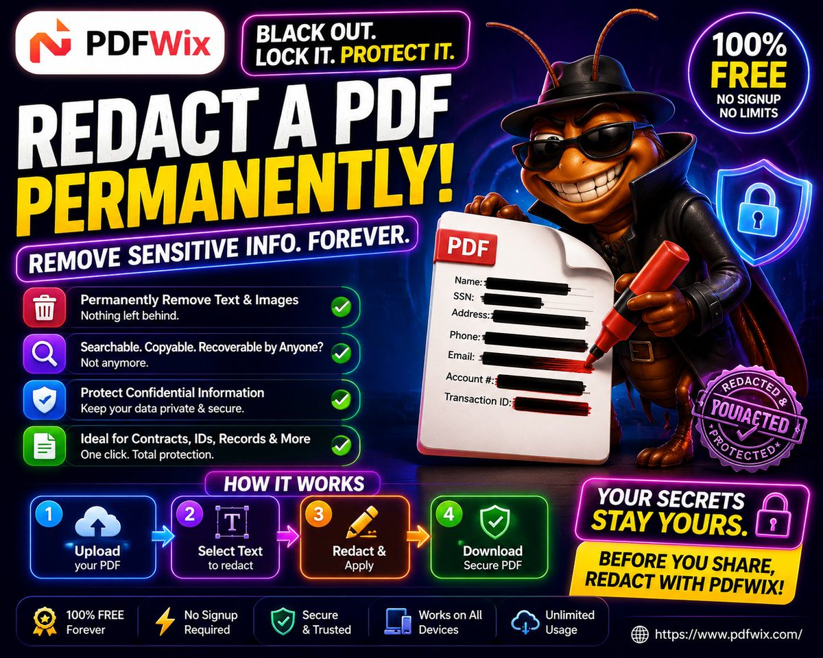 PDFWix's tweet photo. Black box over PDF text = NOT redacted 😱

Anyone can remove it. Real redaction strips it permanently from the PDF stream.

👉 https://t.co/AXiUuMsH6N

Try it free: https://t.co/qbXNbdiTA5

#PDFWix #RedactPDF #DataProtection #PDFSecurity https://t.co/pZsEhenDCu