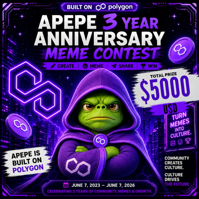 APEPE_MEME's tweet photo. APEPE was born on Polygon on June 7, 2023. 🟣

Create and share your own Polygon-inspired APEPE meme on X (Twitter)!

The most impressive community-created memes will be selected and featured by the official APEPE account, along with exciting rewards. 👑

📝 How to Participate

✅ Create an APEPE meme inspired by Polygon

✅ Post your meme on X (Twitter) and include:
• @APEPE_MEME
• @0xPolygon 
• #APEPECreator  #Polygon

✅ Reply to this post with:
• A link to your X post
• Tags for at least 2 friends

🎁 Rewards 🏅

🏅 TOP 5 Winners (5 Winners)
• 700,000,000 APEPE each

🎲 Lucky Draw (20 Winners)
• 50,000,000 APEPE each

📅 Contest Period

June 7, 2026 – June 14, 2026 (UTC)

Built on Polygon.
Driven by Community.