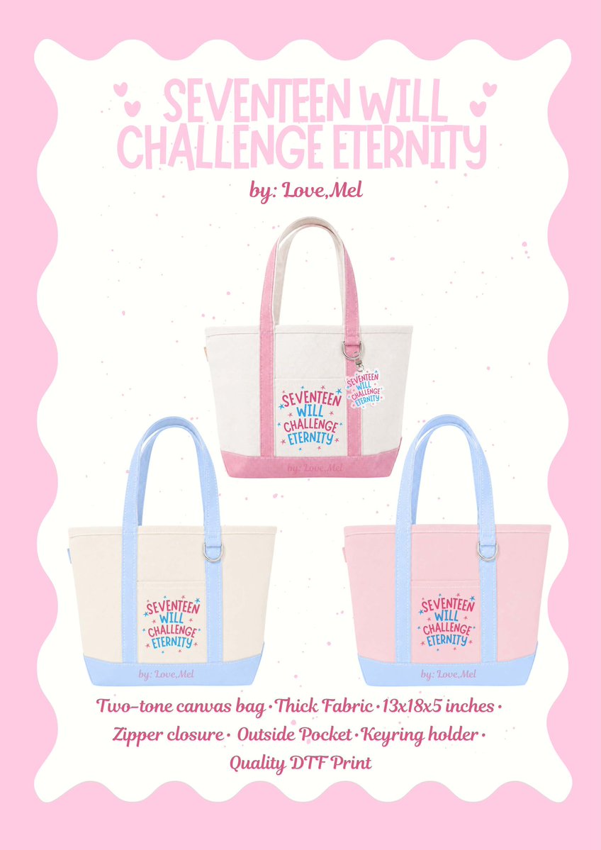 ubecheesecake96's tweet photo. ⋆𐙚₊˚⊹♡Seventeen Will Challenge Eternity⋆𐙚₊˚⊹♡
by: Love, Mel ⋆𐙚₊˚⊹♡

₱55.00- ₱299.00 
Pre-order: June 7 - June 25, 2026

DOP: 
June 15 - 50% downpayment
June 25 - 50% remaining balance 

Order form: https://t.co/Kst6SBBgMV 

💎In celebration of Hoshi and Jun’s Birthday 💎

2 winners of tote bag of your choice
rt, like & follow = 1 entry 
Draw date on June 26

Disclaimer: Not the actual bag photo, for mock-up only. See photo on reply section for the sample canvas bag.