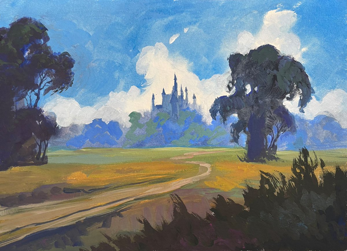 thomasdenmark's tweet photo. I posted this color sketch a while back and took some time to refine it. I wouldn't call it finished, but this is about as far as I like to take paintings these days. More than this, it starts losing its freshness. Liquitex acrylic gouache on watercolor paper. https://t.co/p8isB2wIDi
