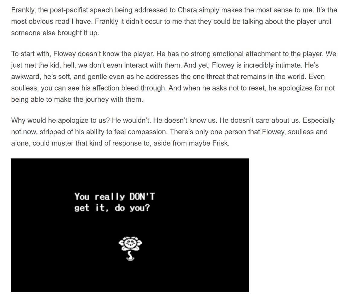 Valef0rs's tweet photo. @FlameofAries9 @FuryOfFaeful not saying Player theory is impossible but Flowey talking to Chara (as in the fallen child instead of player given name) is an equally plausible read exactly for this reason: https://t.co/0T7YNBD563