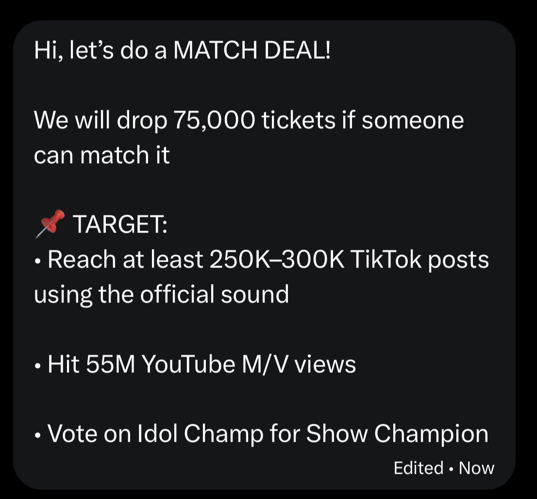 YxngMinseo_'s tweet photo. 🚨 MATCH DEAL 4.0 — IDOL CHAMP SHOW CHAMPION | June 2nd Week #TREASURE 🩷🩵

75,000 🎟️

We will drop 75K tickets once matched 🔥 Anyone can join by contributing any amount they can, and we’ll continue until we hit the target together!

🎯 TARGET:  • Reach at least 250K–300K TikTok posts using the official sound • Hit 55M ‘IF I’ M/V views • Strengthen Idol Champ voting for Show Champion (win with big gap) 

📌 RULES: • Drop your Idol Champ voting proofs (must clearly show the amount of votes dropped) • YouTube M/V streaming proofs • TikTok video using the official sound

Please help us spread this by RTing and encouraging more Teumes to participate‼️

⏳ Duration: JUNE 8 || 12AM KST
