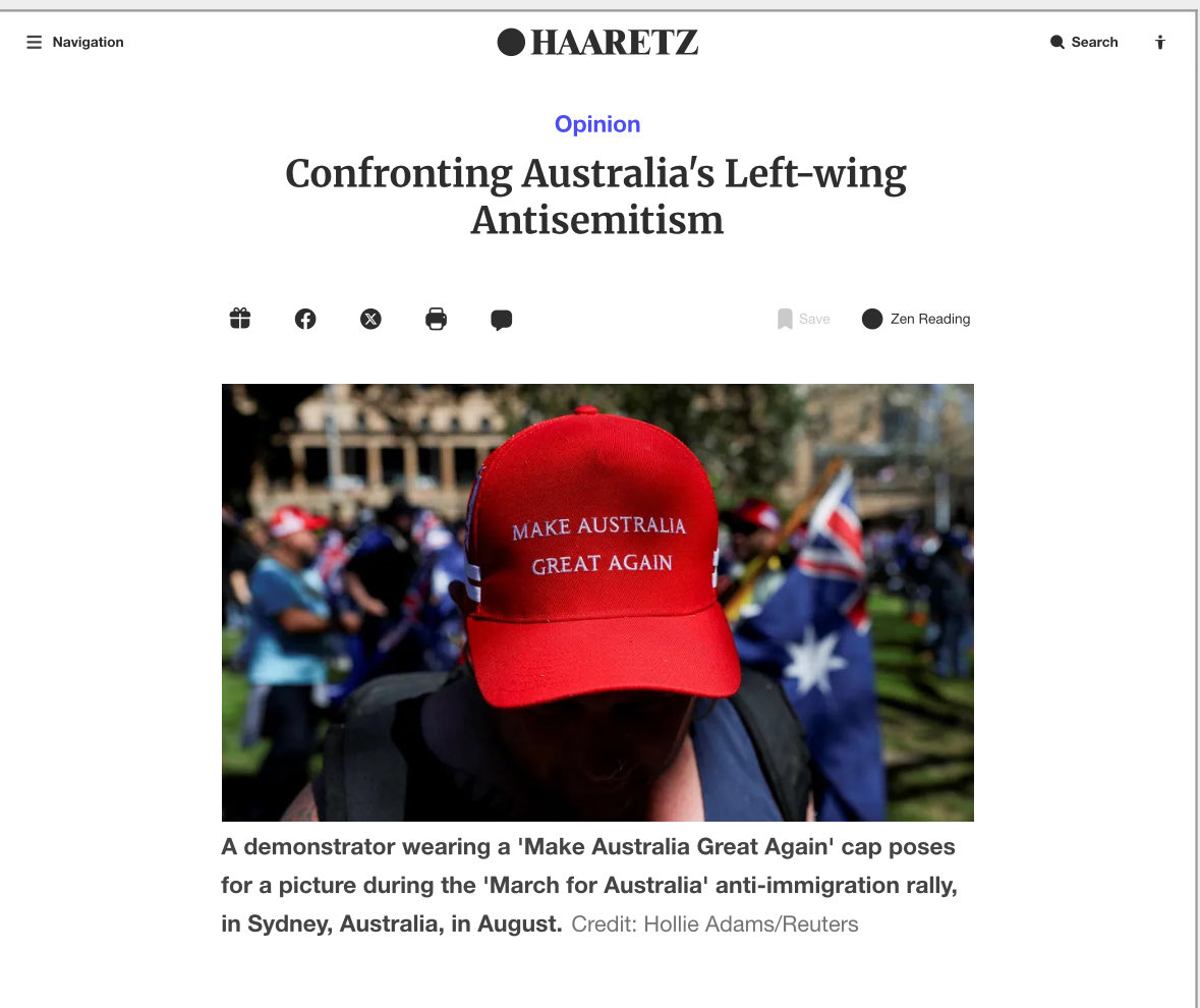 AltMediaWatch's tweet photo. This article is just someone whinging that the Left treating Zionism (a political ideology) with vicious hostility is antisemitic.

Zionism is the ideology behind a state currently committing genocide, ethnic cleansing &amp; apartheid, that is what needs to be confronted. https://t.co/tGTXLpzErz