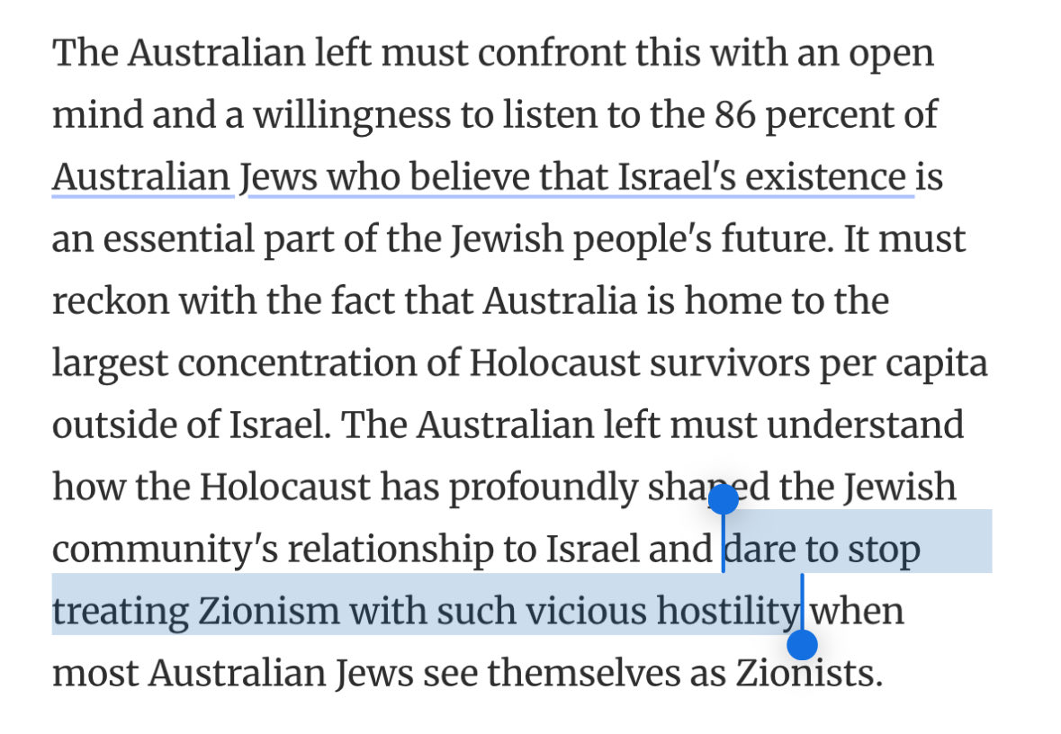 AltMediaWatch's tweet photo. This article is just someone whinging that the Left treating Zionism (a political ideology) with vicious hostility is antisemitic.

Zionism is the ideology behind a state currently committing genocide, ethnic cleansing &amp; apartheid, that is what needs to be confronted. https://t.co/tGTXLpzErz
