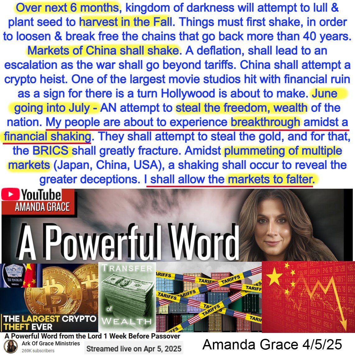 Prophetic_Money's tweet photo. Amanda Grace 4/4/2025 PROPHECY

📆June going into July - attempt to steal the freedom and WEALTH of the nation

My people - breakthrough amidst a financial shaking.
Markets of China shall shake.
China attempt crypto heist.

WP: https://t.co/ZonmstOUCI

YT: https://t.co/Lw2g23VUnC https://t.co/9mzWOGqTIg