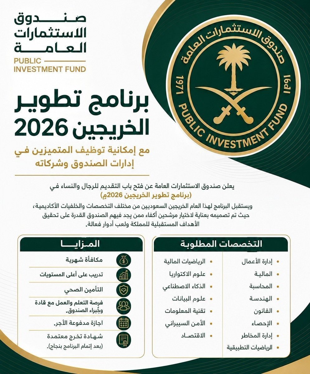 WadhefaDotCom's tweet photo. 🛑 فرصة - برنامج تطوير الخريجين من #صندوق_الاستثمارات

⭐ مع إمكانية توظيف المتميزين في إدارات الصندوق وشركاته

يعلن صندوق الاستثمارات عن (برنامج تطوير الخريجين 2026م) ويستقبل البرنامج لهذا العام الخريجين السعوديين من جميع المناطق 📍

التفاصيل: https://t.co/aiSFtubyLM https://t.co/X9BT82ijCU