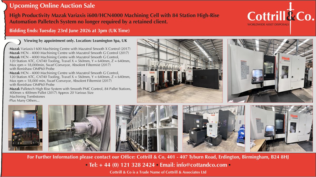Cottrill_and_Co's tweet photo. π Online #Auction Sale - 23 Jun 2026 - High Productivity Mazak Variaxis i600/HCN4000 Machining Cell with 84 Station High-Rise Automation Palletech System #cnc #EngineeringUK #engineering #ukmfg #usedmachines #manufacturinguk #manufacturing
Link: https://t.co/s5l6dvKpRR https://t.co/QTG15bvp9q