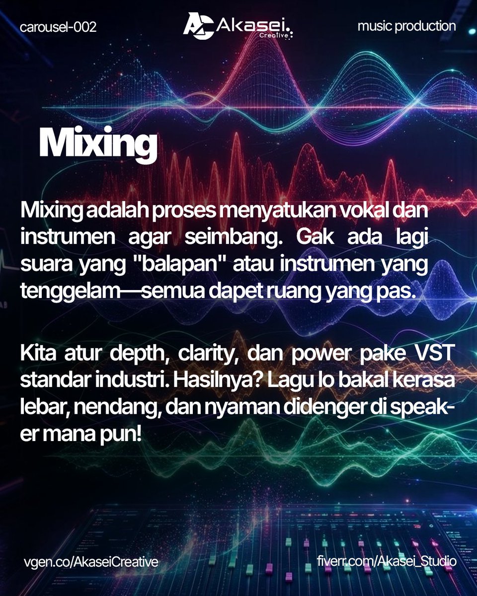 AkaseiCreative's tweet photo. π΅ Raw audio β hasil akhir.
Tuning & Mixing adalah kunci suara yang bersih, balance, dan profesional. β¨
Swipe buat lihat prosesnya!
π© DM untuk konsultasi.
#VocalProduction #MusicProducer #RecordingStudio #MixingMastering #AkaseiCreative https://t.co/71vCOI0RgD