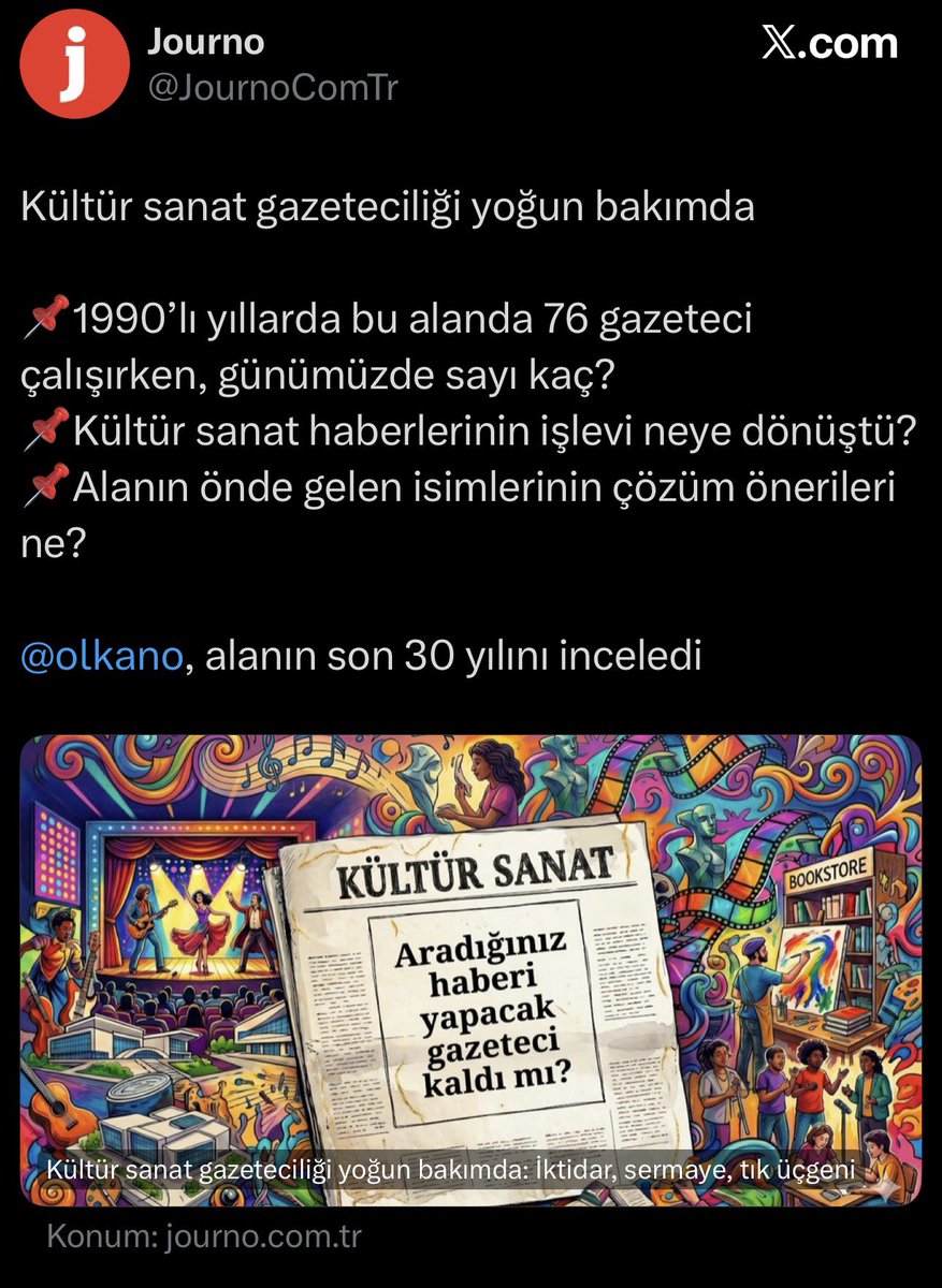 Ercnyldrm1's tweet photo. Kültür Sanat Yayıncılığına dair:

Kültür sanat gazeteciliği ölüyor, çünkü ideolojiler ölüyor.
Çünkü ideolojiler hatta mensubiyetler bitti sadece dikotomiler, refleksler kaldı.
Zaten eskiden de canlı değildi; şebekeci, ortacı, hesapçı, popülistti.

“Altın devri”ndeki kültür sanat gazeteciliği, her ideolojinin, kliğin, şebekenin, cemaatin faaliyet ve tanıtım bülteniydi.
~•~
Merkez medya kültür sanat haberciliği, popüler, popülist, eğlencelik metin, faaliyetlere yer veriyordu.
~•~
İdeolojik gruplar ve cemaatler kendi elemanlarının duyurularını yapıyordu.
Kendilerine biat etmeyen kendi elemanlarına bile sansür uygulanıyordu.

Orada da hiyerarşi, liyakatsizlik ehliyetsizlik, klik içi klikçilik vardı.
~•~
Kültür sanat haberciliğinin çoğunluğu hatır gönül, suya sabuna dokunmayanı parlatma, hep aynı grupları döndürme üzerineydi.

Türkiye’nin, edebiyat ve düşüncenin temel ve esaslı meselelerinden kaçardı kültür sanat yayıncılığı;
kritik, otokritik, teklif, inşa, öneri, çözüme karşı hatta düşmandı.
~•~
Editörler, kafa ağrıtmasın, can sıkmasın, sıkıcı olmasın, herkes okusun, kimsenin konforunu bozmasın, abileri kızdırmasın, alternatif sunmasın, patrona ve rakip bile olsa burjuvaya dokunmasın, siyaset rahatsız olmasın, bürokrasiyi ürkütmesin, arıza çıkarmasın… tutumundaydı.
~•~
Bugün yazardan çok influencerların, trollerin sesi çıkıyor, onlar entelijansiyada, kültür-politikte tercih ediliyor.

Geçmişte de yazarlar yine kenara atılıyor, “borazanlar”a yer veriliyordu. 
~•~
Milenyum sonrası “kitap tanıtımı” diye bir tür de doğdu, kitap eklerinde, güya ciddi dergilerde…

Eleştiri, anoloji, mukayese, disiplinlerarasılık, eko-kültür-teo-politik gözetmeden dümdüz övme ve kitap tanıtım bültenlerini takla attırıp yazı diye sunma oluştu… çünkü yetenekli-donanımlı-derin düşünceli yazar değil “eli kalem tutan” ancak üst yazı yazabilecekler yaygınlaştı.

3 sayfayı geçmesin, klişesi aslında editörün kendisinin okuyamadığı, anlayamadığı, uğraştırmayacak yazıları ihtiva ediyordu.

Bu birbirini pohpohlayanlar, kitap övgü/tanıtımlarından ibaret kitapları da tanıttılar 🥱 göklere çıkardılar.
~•~
Bazı gruplar, okuma grubu diye sadece aktarmacılığı ve övücü tanıtıcılığı yazı diye sundu, şebekeler kurdular.
~•~
Düşünce bitmez, kültür, edebiyat tükenmez… has, halis, sahih ve sahici olan hep bulunur.

Kitap influencerlığı diye bir tür / sektör doğdu.
Artık kitap, köşe yazısı can çekiştiği için orta boy tivitler, 
3-5 dk’lık video çekimleri, influencer’ların, en güzel 5 kitap, en baba 10 romancı, en iyi 8 yönetmen post’larına bakılıyor.

Ee zaten bunlar rahmet okunan kültür sanat yayıncılığı, kitap ekleri ve ciddi dergilerde yok muydu?!?