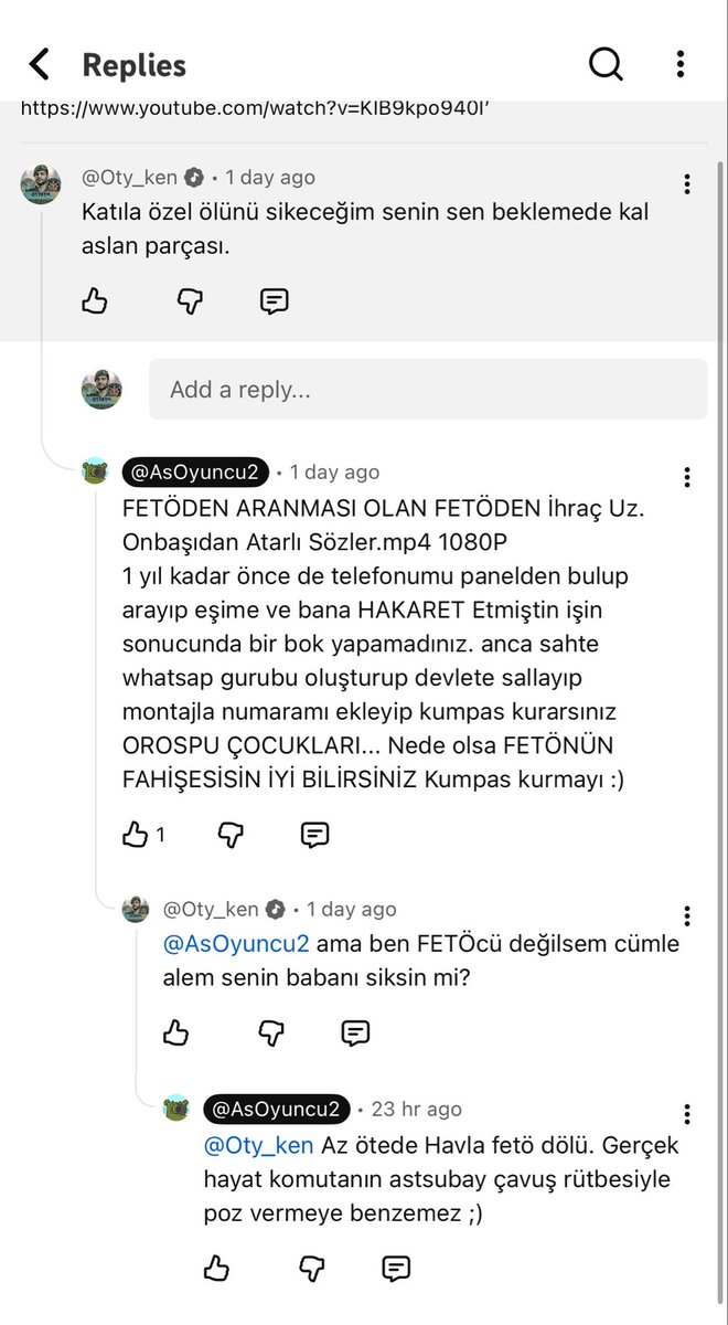 zeinreisender's tweet photo. Bu AsOyuncu denen yavşak, çürük, bedelli askerlik bile yapmamış su katılmamış orospu çocuğu:
Aklı sıra uzman erbaş rütbesini kötülüyor, ulan kanını siktiğimin pezevengi! O üniformayı giyip de o rütbede kaç tane vatan evladı şehit oldu senin haberin var mı?

Sözleşmelisiyle, uzmanıyla, astsubayıyla, subayıyla, üstsubayıyla, generaliyle; sen bu konuda yorum yapamazsın, sen en basit askerlik hizmetini bile yerine getirmemiş bir kancıksın. Bu ordunun her rütbeden ve kıdemden şehidi vardır, senin ne haddine ulan rütbe/kıdem küçümsemek? Sikik!

Bir de çıkmış bana FETÖ iftirası atıyor, ulan at yarrağı, ben JGK’ya 2020 yılında girdim, 2016 yılında Gazi Anadolu Lisesi’nde 2. Sınıftaydım ne fetösü?
Millet fetönün okullarına çocuklarını göndermek için göt verirken benim yedi düvelim fetöye sövüyordu. 

Benim 12 tane mahkemem dosyam açarım tek tek 12’sini de gösteririm bir tane FETÖ yok ama sen e-Devlet’e girip, Askerlik yaptığını kanıtlayamazsın, çünkü yapmadın eşşek oğlu eşşek seni!

Yarın bir gün başına bir şey gelirse, sağda solda sorumlu arama. Sorumlusu benim. 
Yemin ettim senin kanını sikeceğim, seni kendi kanında boğacağım. 

Son olarak ne kadar sözleşmeli er, uzman erbaş varsa senin o babanın ta göt deliği siksin puşt!