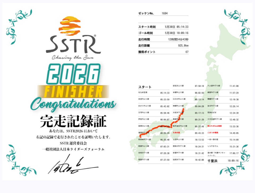 Pens_Log's tweet photo. 完走記録証来てました＼(^^)／ﾔｯﾀｾﾞ

#SSTR2026 https://t.co/huPJnW6r2R