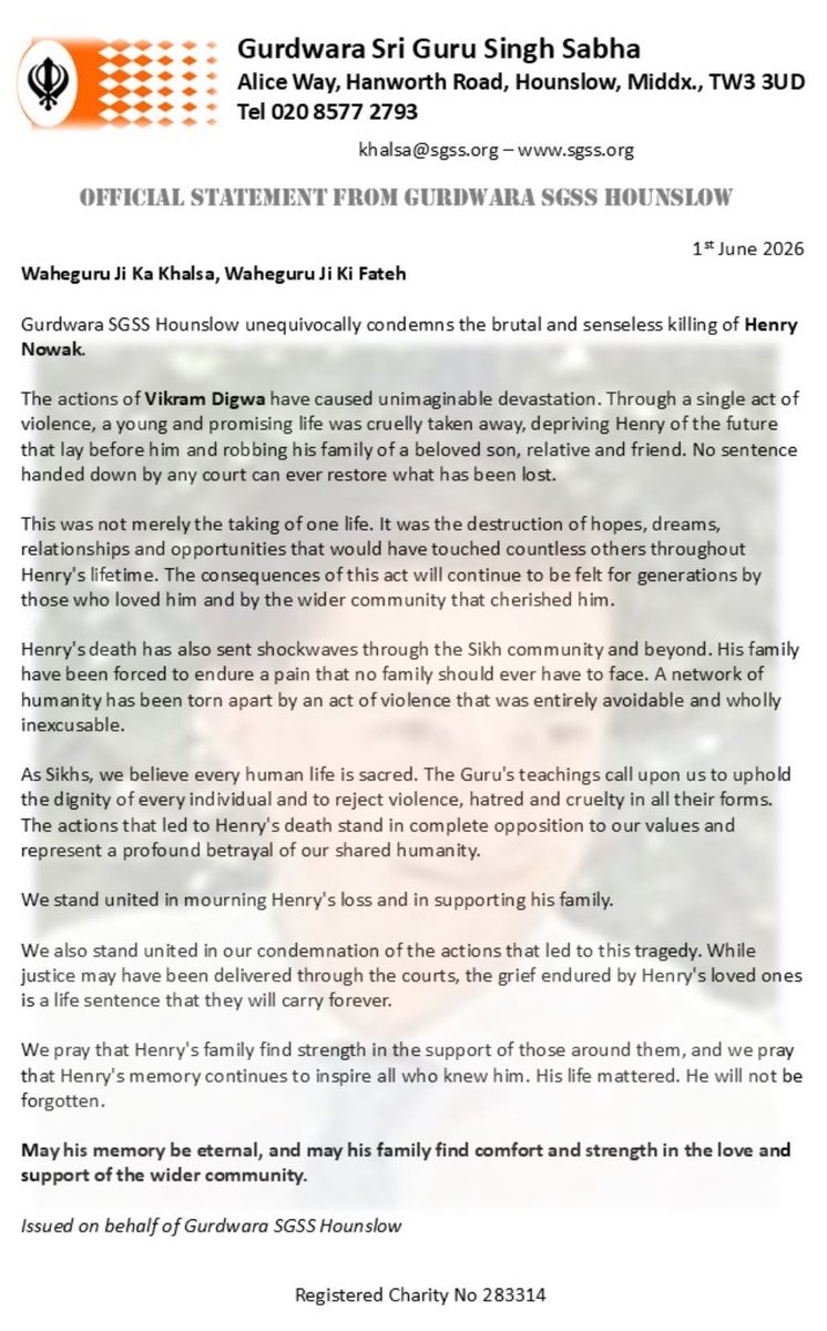 SeemaMalhotra1's tweet photo. The Sikh community which has always stood for unity, inclusion and service to all has over this week put out statements in condemnation of the senseless killing on Henry Nowak. The attack has sent shockwaves through the community. 

The Sri Guru Singh Sabha Southall Gurdwara is also holding a special prayer in memory of Henry Nowak and in support of his family and friends. 🙏🏽