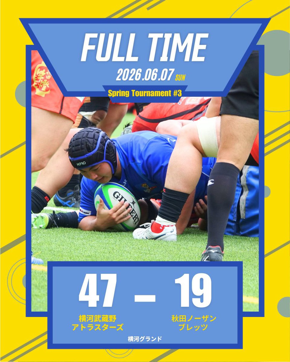 aggressiveatlas's tweet photo. 【FULL TIME】
2026トップイースト春季トーナメント3回戦
VS 秋田ノーザンブレッツ

⚪️47-19

ホーム戦2試合目、続けての勝利となりました‼️
応援ありがとうございました！

次戦は6/17(日) 🆚東京ガス @大森グラウンド
となります！

#トップイーストもいいぞ
#武蔵野市 https://t.co/V7XobjiOmd