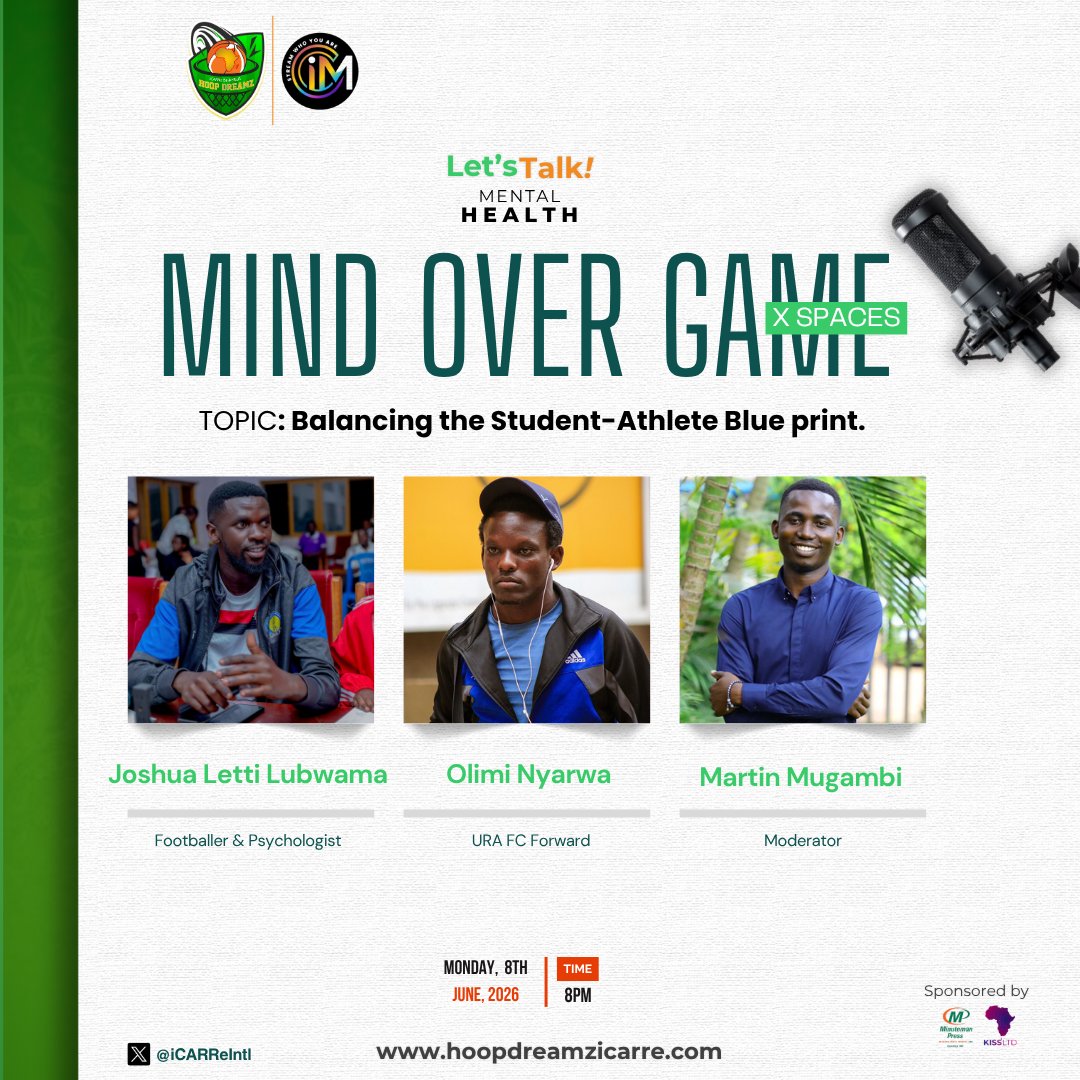 iCARReIntl's tweet photo. Student athletes are expected to perform like pros while facing intense academic pressure. 

They silently struggle with anxiety, burnout and sleep deprivation. URA FC Forward Olimi Nyarwa Joins the #MindOverGame X Space to discuss his time in school as an athlete.

🗓️Monday
⏲️8PM
Tune in🎧https://t.co/YPEPuQe07H

#iCARReBasketball #Sportpsychology