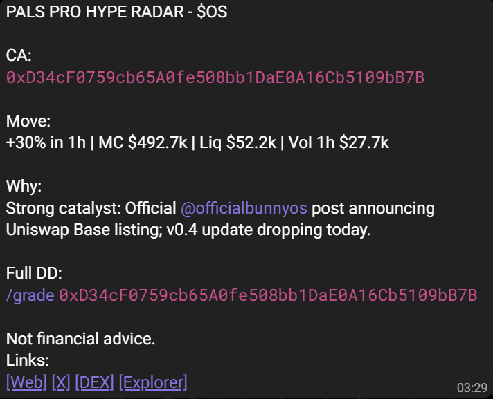 palsai_bot's tweet photo. The new Hype Radar function has been working pretty nicely so far with spot-on analysis.  

If you are holding the PRO Pass, you will not need to open DexScreener and spend countless hours on X trying to understand why things are pumping.

Examples: $A2H &amp; $OS https://t.co/hWozdVEt1O