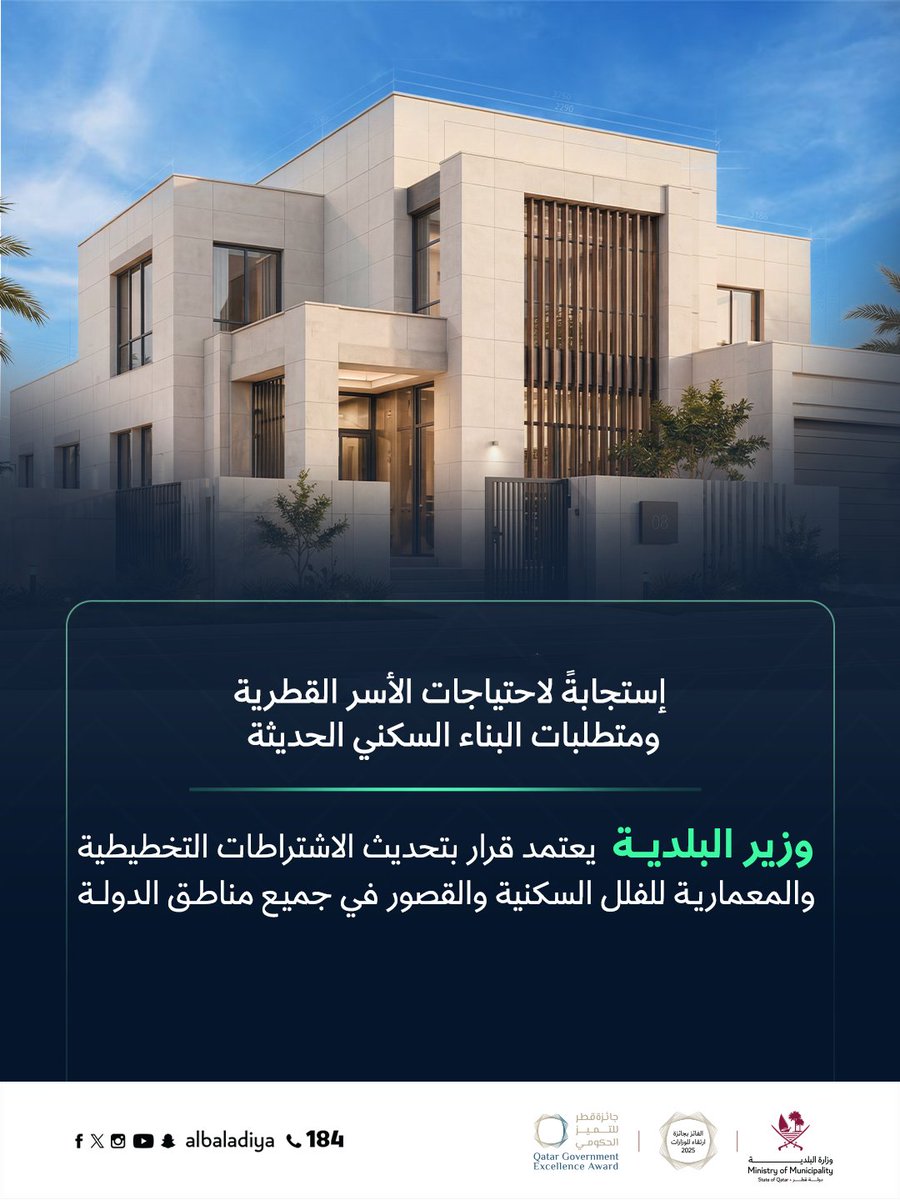 albaladiya's tweet photo. اعتمد سعادة وزير البلدية قراراً بتحديث الاشتراطات التخطيطية والمعمارية الخاصة بالفلل السكنية والقصور في جميع مناطق الدولة، بما يسهم في تلبية احتياجات المواطنين وتطلعاتهم السكنية، ويوفر خيارات أكثر مرونة للبناء والتوسعة، ويعزز الاستقرار الأسري.
ويأتي هذا القرار في إطار جهود الوزارة لتطوير منظومة التخطيط العمراني، وتعزيز المرونة في التصميم والبناء، ومواكبة أساليب البناء والتقنيات الحديثة، والارتقاء بجودة البيئة السكنية، بما يلبي احتياجات الأسرة القطرية ويدعم تحقيق مستهدفات رؤية قطر الوطنية 2030.
#وزارة_البلدية #قطر 

 H.E. the Minister of Municipality has approved updated planning and architectural requirements for residential villas and palaces across all areas of the State, supporting citizens’ housing needs and aspirations, providing greater flexibility for construction and expansion, and strengthening family stability.
This decision comes as part of the Ministry’s efforts to further develop the urban planning system, enhance flexibility in design and construction, keep pace with modern building methods and technologies, and improve the residential environment, in a manner that meets the needs of Qatari families and supports the objectives of Qatar National Vision 2030.
#Albaladiya #Qatar