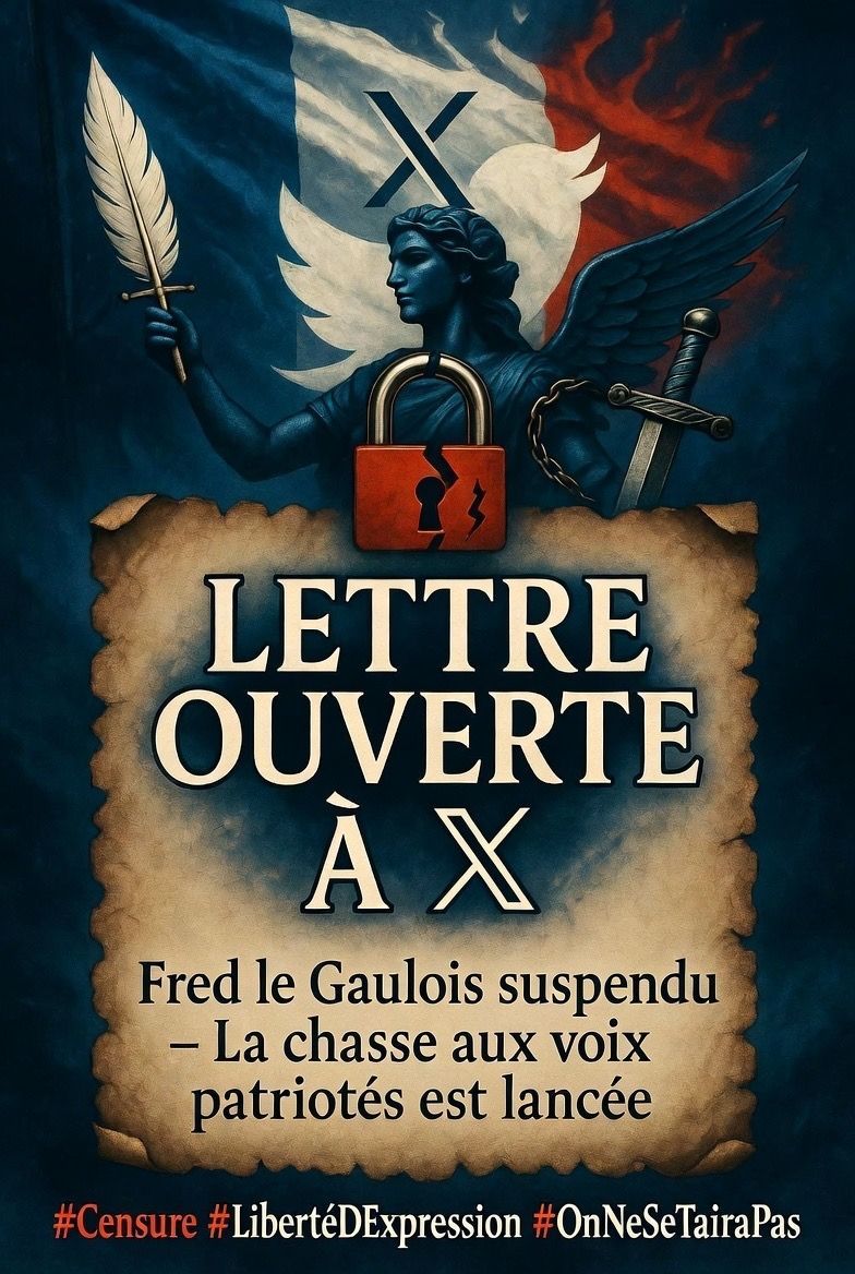 Guigz75116's tweet photo. Lettre ouverte à X France et à tous ceux qui orchestrent la censure

Messieurs, Mesdames,

Le compte Fred le Gaulois vient d’être suspendu sous le prétexte classique et usé jusqu’à la corde du « droit d’auteur ». 
Encore un. Encore un patriote, encore une voix qui informe, qui dérange, qui refuse le récit officiel. Combien d’autres vont tomber dans les prochaines semaines ? Dix ? Cinquante ? Cent ?

Nous ne sommes plus dupes.

À quelques mois des élections, la machine s’emballe. La stratégie est désormais limpide, presque caricaturale : on ne débat plus, on n’argumente plus, on n’affronte plus les idées sur le terrain des faits. On supprime. On muselle. On asphyxie. Sous couvert de « règles communautaires », de « propriété intellectuelle » ou de « lutte contre la désinformation », on cible méthodiquement les comptes qui portent une audience réelle, ceux qui réveillent, ceux qui documentent, ceux qui posent les questions que les médias officiels refusent de poser.

C’est une chasse organisée. Une chasse aux comptes patriotes, aux lanceurs d’alertes citoyens, aux voix dissidentes. Chaque suspension est un coup de scalpel dans le débat public. Chaque « droit d’auteur » invoqué à tort et à travers est une balle tirée dans le genou de la liberté d’expression.

Ce n’est plus un accident. Ce n’est plus une erreur de modération. C’est une guerre idéologique froide, calculée, menée par des équipes zélées qui ont choisi leur camp. Le camp du silence. Le camp du narratif unique. Le camp de ceux qui tremblent devant la vérité qui circule librement.

Fred le Gaulois n’est pas un cas isolé. Il est le symptôme d’une plateforme qui, sous pression politique et financière, choisit de sacrifier sa vocation première : être le square public du XXIe siècle, l’endroit où tout peut se dire, même ce qui fâche, surtout ce qui fâche.

Nous le savons : plus l’élection approche, plus la peur grandit chez ceux qui ont tout misé sur le contrôle du récit. Alors ils passent à la vitesse supérieure. Ils suspendent, ils shadowban, ils déboostent, ils rapportent en masse. Ils espèrent nous fatiguer, nous décourager, nous faire taire.

Ils se trompent lourdement.

Chaque compte censuré fait naître dix nouveaux regards lucides. Chaque voix étouffée résonne plus fort dans le silence qu’ils imposent. Plus ils nous frappent, plus nous comprenons à quel point nous les terrifions. Car si nos idées étaient si faibles, si « complotistes », si ridicules, ils n’auraient pas besoin de cette censure systématique. Ils pourraient simplement débattre.
Mais ils ne débattent pas. Ils censurent.
C’est leur aveu.

À tous les Fred le Gaulois, à tous les comptes suspendus, shadowbannés, harcelés : tenez bon. Recréez, contournez, continuez. L’histoire retiendra que certains ont plié l’échine devant le pouvoir, et que d’autres ont choisi de rester debout.￼

À X France  : si vous voulez réellement être la plateforme de la liberté, arrêtez cette comédie. Le « droit d’auteur » n’est pas un permis de censure politique. Protégez le débat, pas les puissants qui le craignent.

Le peuple regarde. L’Histoire jugera.

Et elle n’est pas tendre avec les censeurs.

Un citoyen qui refuse de se taire.
#Censure #LibertéDExpression #Election2027 #OnNeSeTairaPas