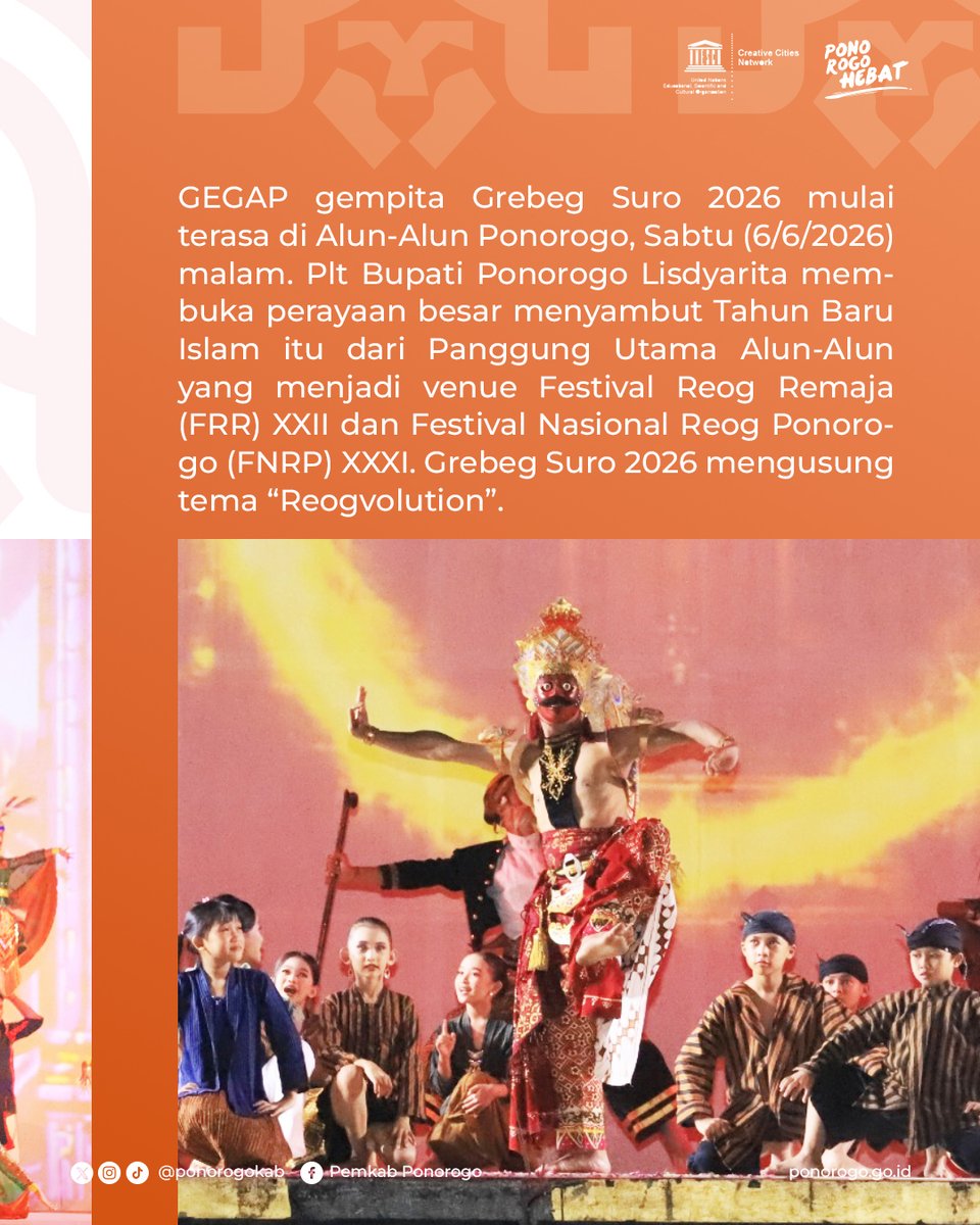 PonorogoKab's tweet photo. “Grebeg Suro menjadi momentum penting untuk merawat tradisi, memperkuat nilai spiritual, sekaligus mengenalkan kebudayaan Ponorogo ke panggung yang lebih luas,” kata Bunda Lis.
Selengkapnya: https://t.co/J3FpvDXW10
#ponorogoHEBAT #ponorogokab #grebegsuro2026 #grebegsuro #reog https://t.co/w0C8ph509i