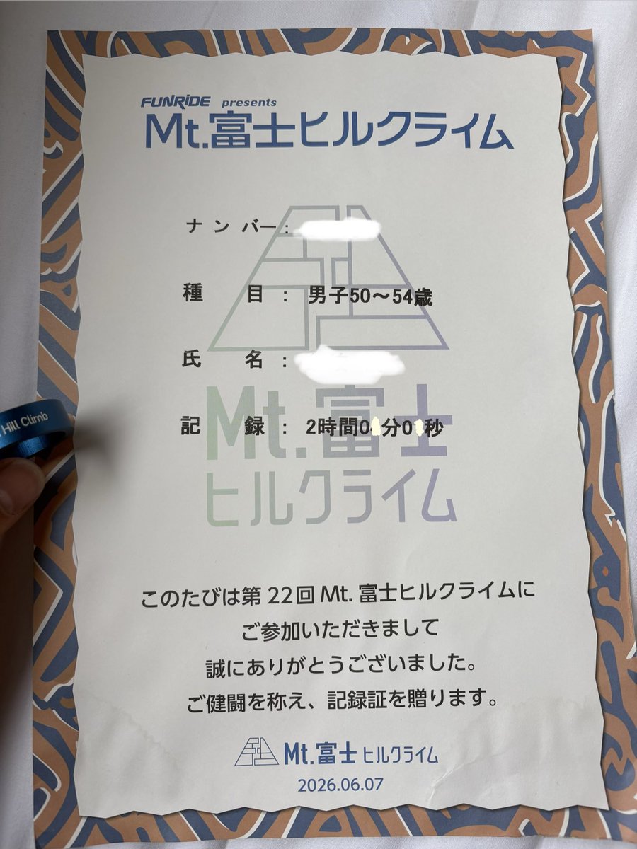 sunamangakaku's tweet photo. 富士ヒル完走しました✨
前回より15分以上短縮しましたが目標の2時間切りならず！

でも明らかに去年よりは登れてるよ
今回は第7スタートの難しさがわかりました🥹
雨の降りもなかなか辛い
視界が真っ白だったもの…

今年の富士ヒルは盗難対策やリングの行列も無くとてもスムーズで良かったです

大会関係者の皆様、ありがとうございました😊

お妻に捧げるブルーリング🟦

#ちりつも富士ヒル