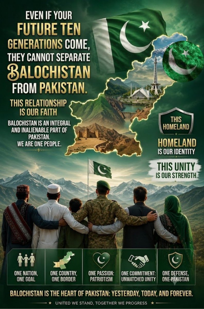 NeelumBugti's tweet photo. بلوچستان پاکستان کی شناخت، طاقت اور مستقبل کا اٹوٹ حصہ ہے۔ قربانیوں، تاریخ اور قومی یکجہتی کا رشتہ ہر تقسیم اور پروپیگنڈے سے زیادہ مضبوط ہے۔ ہم ایک قوم، ایک پرچم اور ایک مستقبل کے ساتھ متحد ہیں۔
#NationalUnity #BalochistanPakistan #OneNationOneFuture https://t.co/cl6fcjxK6M