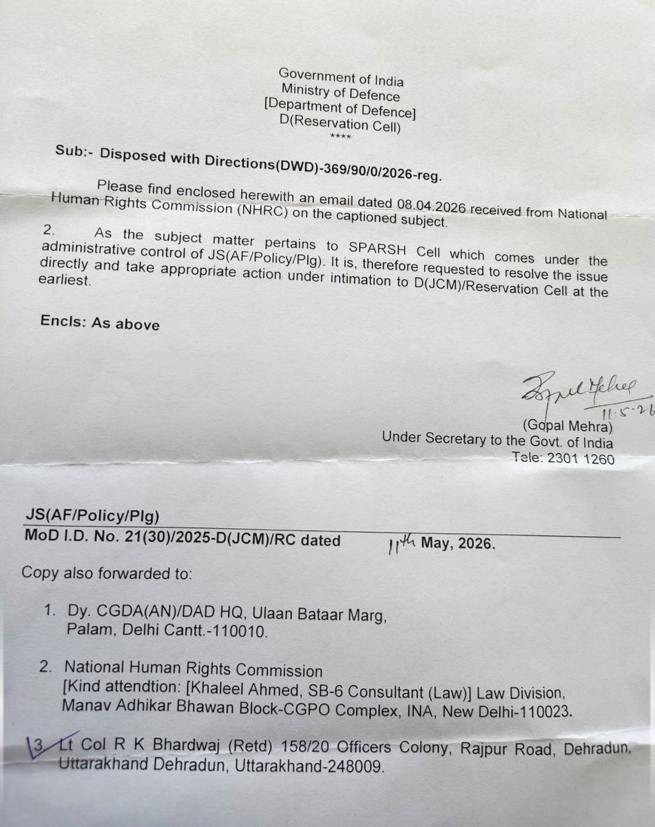 RajKuma35152604's tweet photo. 🚨 DAY 157: NHRC GAVE DIRECTIONS — 8 WEEKS DEADLINE EXPIRED — STILL NO ACTION REPORT TO COMPLAINANT

#SPARSHFailsVeterans Campaign 
(👁️ 52, 008 Views)
https://t.co/v7owLXiDaZ

PETITION TO NHRC

On 08 DEC 25, we filed a detailed petition before the Hon’ble Chairperson National Human Rights Commission highlighting the SYSTEMIC FAILURES OF SPARSH causing severe hardship and dignity violations to lakhs of super-senior Ex-Servicemen (70–95+ years), martyr widows and rural/non-tech-savvy pensioners.

NHRC ACTION  

▪️Case registered as 369/90/0/2026  
▪️On 08 Apr 26, NHRC DISPOSED WITH DIRECTIONS (DWD) and directed the #DefenceSecretary to: 

1.  Take appropriate action within 8 WEEKS  
2.  Associate the Complainant/Victim  
3.  Inform him of the actions taken

WHAT HAPPENED AFTER DWD?  

▪️MoD forwarded the NHRC directions to D(PG)/DESW on 22 Apr  26  
▪️Later also forwarded to JS (AF/POLICY/PLG) on 11 May 26  
▪️We filed RTI DEXSW/R/E/26/00635 with DESW on 13 May 26 to know status of NHRC case — transferred to MODEF/R/T/26/02065 on 01 Jun 26

8 WEEKS DEADLINE EXPIRED ON 03 JUN 26

Yet, NOT A SINGLE LINE has been received by the complainant regarding any action taken, as specifically directed by NHRC.

📌 HON'BLE CAG has already ordered suo moto Efficiency-cum-Performance Audit of SPARSH vide letter 575/31-Defence/2025 dated 11 Dec 25. The audit will cover the following critical issues identified by CAG:
(i) Defective Data Migration
(ii) Expedited Implementation Without Due Process
(iii) Imposition of Responsibility on Vulnerable Pensioners
(iv) Manifest Errors in Data
(v) Ineffective Grievances Resolution Mechanism   

🙏🙏 MOST HUMBLE APPEAL TO
HON’BLE CHAIRPERSON, NATIONAL HUMAN RIGHTS COMMISSION
AND SHRI KHALEEL AHMED, SB-6 CONSULTANT (LAW)

▪️We most respectfully request the Hon’ble Chairperson, NHRC to kindly issue STRICT & IMMEDIATE DIRECTIONS to the #DefenceSecretary to give urgent relief to 3.2 million Ex-Servicemen & Veer Naris.

▪️These veterans sacrificed their entire youth and family life for the safety and integrity of the Nation and have repeatedly come forward for AID TO CIVIL during natural calamities and failure of law & order.

▪️Though the HON'BLE CAG has already ordered the audit, the outcome will become effective only after the Report is presented in the Parliament.

▪️THERE IS AN URGENT &  IMMEDIATE NEED to direct #FADS & #CGDA to undertake the responsibility of updating blank and wrong legacy data themselves on a WAR FOOTING, using records already held with them (2017 ePPOs, old PPOs, Corr PPOs), thereby sparing the aged, less educated, non-tech-savvy Ex-Servicemen and martyr widows living in small towns and villages.

▪️We most respectfully request the Hon’ble Chairperson, NHRC to HONOUR THE SELFLESS SACRIFICES OF EX-SERVICEMEN by issuing STRICT DIRECTIONS to the Ministry of Defence for immediate redressal of this long-pending humanitarian crisis.

Jai Hind! 🇮🇳

@narendramodi @rajnathsingh
@IndiaCAG 
@India_NHRC
#HonourableChairperson
#ConsultantLawSB6
#ShKhaleelAhmed
@SpokespersonMoD 
#DefenceSecretary 
#FADS
@DefenceAccounts 
#CGDA
@PcdaPensions
@HQ_IDS_India 
#GenNSRajaSubramani #CDS
@adgpi 
#GenUpendraDwivedi #COAS
@indiannavy 
#AdmiralKrishnaSwaminathan #CNS
@IAF_MCC
#AirChiefMarshalAPSingh #CAS
@Vedmalik1 @arunp2810
@kayjay34350 @Ptr6Vb
@rakesharma15 @KatochPrakash
@ragarwal @ColTekpal @RDXThinksThat @amitabhafirst @kkhushal9 @Ravindra_Fouji
@PIB_India @PTI_News
@IndianExpress @the_hindu
@timesofindia @htTweets
@thetribunechd
@BDUTT @ravish_journo
@ashutosh83B 
@anjanaomkashyap @rahulkanwal @shreyadhoundial @gauravcsawant