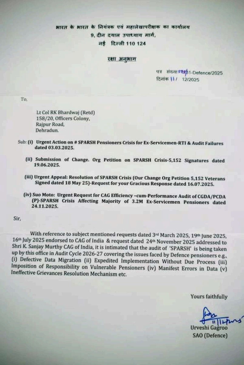 RajKuma35152604's tweet photo. 🚨 DAY 157: NHRC GAVE DIRECTIONS — 8 WEEKS DEADLINE EXPIRED — STILL NO ACTION REPORT TO COMPLAINANT

#SPARSHFailsVeterans Campaign 
(👁️ 52, 008 Views)
https://t.co/v7owLXiDaZ

PETITION TO NHRC

On 08 DEC 25, we filed a detailed petition before the Hon’ble Chairperson National Human Rights Commission highlighting the SYSTEMIC FAILURES OF SPARSH causing severe hardship and dignity violations to lakhs of super-senior Ex-Servicemen (70–95+ years), martyr widows and rural/non-tech-savvy pensioners.

NHRC ACTION  

▪️Case registered as 369/90/0/2026  
▪️On 08 Apr 26, NHRC DISPOSED WITH DIRECTIONS (DWD) and directed the #DefenceSecretary to: 

1.  Take appropriate action within 8 WEEKS  
2.  Associate the Complainant/Victim  
3.  Inform him of the actions taken

WHAT HAPPENED AFTER DWD?  

▪️MoD forwarded the NHRC directions to D(PG)/DESW on 22 Apr  26  
▪️Later also forwarded to JS (AF/POLICY/PLG) on 11 May 26  
▪️We filed RTI DEXSW/R/E/26/00635 with DESW on 13 May 26 to know status of NHRC case — transferred to MODEF/R/T/26/02065 on 01 Jun 26

8 WEEKS DEADLINE EXPIRED ON 03 JUN 26

Yet, NOT A SINGLE LINE has been received by the complainant regarding any action taken, as specifically directed by NHRC.

📌 HON'BLE CAG has already ordered suo moto Efficiency-cum-Performance Audit of SPARSH vide letter 575/31-Defence/2025 dated 11 Dec 25. The audit will cover the following critical issues identified by CAG:
(i) Defective Data Migration
(ii) Expedited Implementation Without Due Process
(iii) Imposition of Responsibility on Vulnerable Pensioners
(iv) Manifest Errors in Data
(v) Ineffective Grievances Resolution Mechanism   

🙏🙏 MOST HUMBLE APPEAL TO
HON’BLE CHAIRPERSON, NATIONAL HUMAN RIGHTS COMMISSION
AND SHRI KHALEEL AHMED, SB-6 CONSULTANT (LAW)

▪️We most respectfully request the Hon’ble Chairperson, NHRC to kindly issue STRICT & IMMEDIATE DIRECTIONS to the #DefenceSecretary to give urgent relief to 3.2 million Ex-Servicemen & Veer Naris.

▪️These veterans sacrificed their entire youth and family life for the safety and integrity of the Nation and have repeatedly come forward for AID TO CIVIL during natural calamities and failure of law & order.

▪️Though the HON'BLE CAG has already ordered the audit, the outcome will become effective only after the Report is presented in the Parliament.

▪️THERE IS AN URGENT &  IMMEDIATE NEED to direct #FADS & #CGDA to undertake the responsibility of updating blank and wrong legacy data themselves on a WAR FOOTING, using records already held with them (2017 ePPOs, old PPOs, Corr PPOs), thereby sparing the aged, less educated, non-tech-savvy Ex-Servicemen and martyr widows living in small towns and villages.

▪️We most respectfully request the Hon’ble Chairperson, NHRC to HONOUR THE SELFLESS SACRIFICES OF EX-SERVICEMEN by issuing STRICT DIRECTIONS to the Ministry of Defence for immediate redressal of this long-pending humanitarian crisis.

Jai Hind! 🇮🇳

@narendramodi @rajnathsingh
@IndiaCAG 
@India_NHRC
#HonourableChairperson
#ConsultantLawSB6
#ShKhaleelAhmed
@SpokespersonMoD 
#DefenceSecretary 
#FADS
@DefenceAccounts 
#CGDA
@PcdaPensions
@HQ_IDS_India 
#GenNSRajaSubramani #CDS
@adgpi 
#GenUpendraDwivedi #COAS
@indiannavy 
#AdmiralKrishnaSwaminathan #CNS
@IAF_MCC
#AirChiefMarshalAPSingh #CAS
@Vedmalik1 @arunp2810
@kayjay34350 @Ptr6Vb
@rakesharma15 @KatochPrakash
@ragarwal @ColTekpal @RDXThinksThat @amitabhafirst @kkhushal9 @Ravindra_Fouji
@PIB_India @PTI_News
@IndianExpress @the_hindu
@timesofindia @htTweets
@thetribunechd
@BDUTT @ravish_journo
@ashutosh83B 
@anjanaomkashyap @rahulkanwal @shreyadhoundial @gauravcsawant