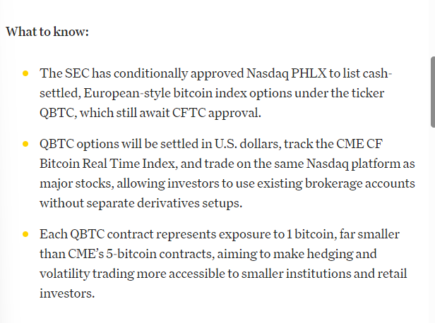 qbtceth's tweet photo. $QBTC is another step towards making Bitcoin more accessible and manageable for traditional finance participants. 

A Cash-settled, European-style options tied to the Nasdaq Bitcoin Index

As clearly stated... "This index would enable retail and institutional investors to obtain a precise price for Bitcoin" 

This gives investors a regulated precise benchmark for Bitcoin exposure directly in traditional brokage accounts...

Why this is significant?

Retails and Institutions can better manage risk on spot Bitcoin ETFs or large BTC positions which means better hedging for all.

Deeper liquidity as it brings Bitcoin Volatility trading into familiar equity options markets

$QBTC IS HERE TO REDEEM BITCOIN.

https://t.co/DUPAvR3UwC