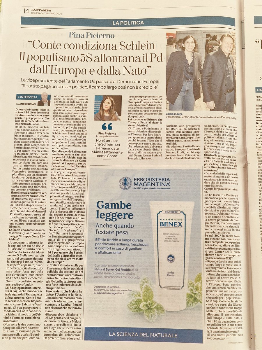 alanfriedmanit's tweet photo. @pinapic critica duramente la coppia Conte-Schlein: “Giuseppe Conte condiziona troppo Elly Schlein, mentre la linea di Conte allontana il centrosinistra dall’Europa e dalla Nato, e il Pd sta pagando un prezzo politico per la sua dipendenza dal Movimento 5 Stelle.” https://t.co/Qcm3RxeZ0J