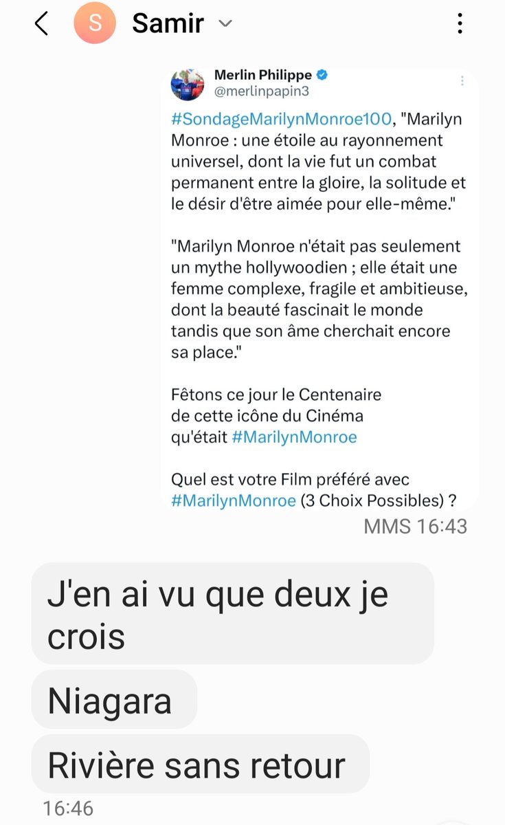 Sly698's tweet photo. @merlinpapin3 Voilà les votes de mon pote Samir au #SondageMarilynMonroe100 https://t.co/foq0RLRDcH