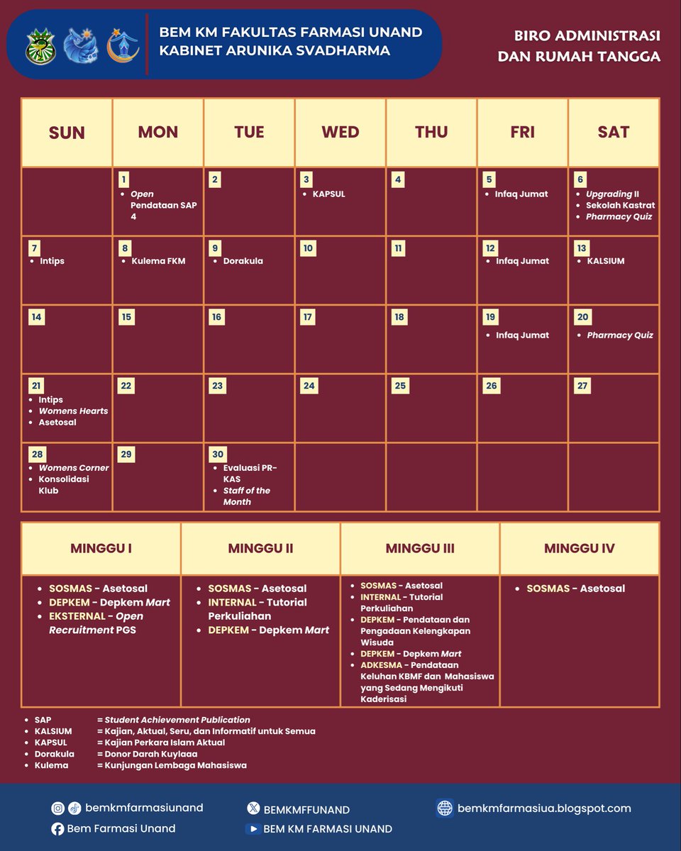 BEMKMFFUNAND's tweet photo. [MONTHLY TIMELINE]

Assalamu'alaikum Wr.Wb. Hallo KBMF!!🙌🏻

Bagi yang penasaran untuk program kerja BEM KM
Fakultas Farmasi UNAND pada bulan ini, silahkan di cek kalendernya yaa💫 https://t.co/Qffg2oXP9o
