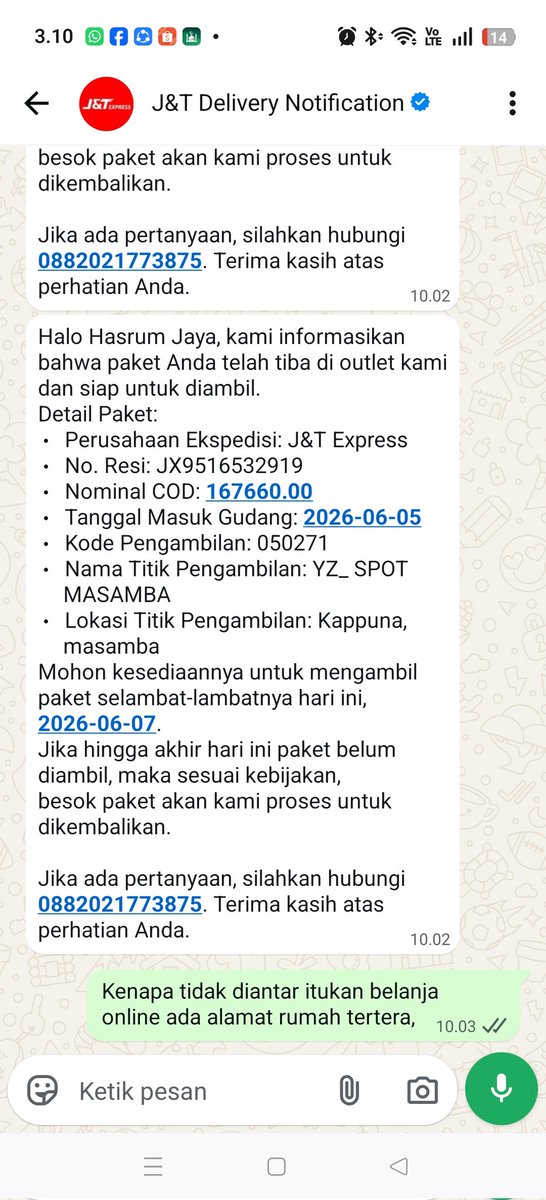 HASRUMJAYA's tweet photo. @jaquannajamerso @yc_lanjut @susanty355500 @BPKN_RI @jntexpressid @tiktok_idn @JNE_ID @lionparcel_ Padahal pihak J&amp;T di kota saya sdh chat bahwa paket saya yg cod dan non cod sudah tiba di gerai J&amp;T https://t.co/sPJchCqes0