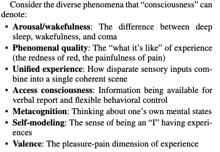 yeastsplainer's tweet photo. @kanair A taxonomy is best. By some definitions (Lycan's (2)-(6) &amp; (8)), AI is already conscious, by other definitions the question is open. It's a "no true Scotsman" fallacy to insist that only (7) is "real" consciousness https://t.co/9ijqI4GR7y