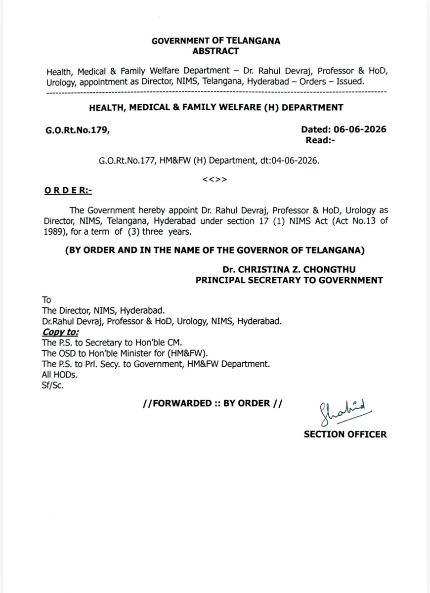 TelanganaHealth's tweet photo. The Government of Telangana has appointed Dr. Rahul Devraj, Professor &amp; Head of Urology, NIMS, as the #Director of #NIMS, Hyderabad for a term of three years.
@DamodarCilarapu @TelanganaCMO @revanth_anumula @MoHFW_INDIA #NIMS https://t.co/vHIJGgBCP0