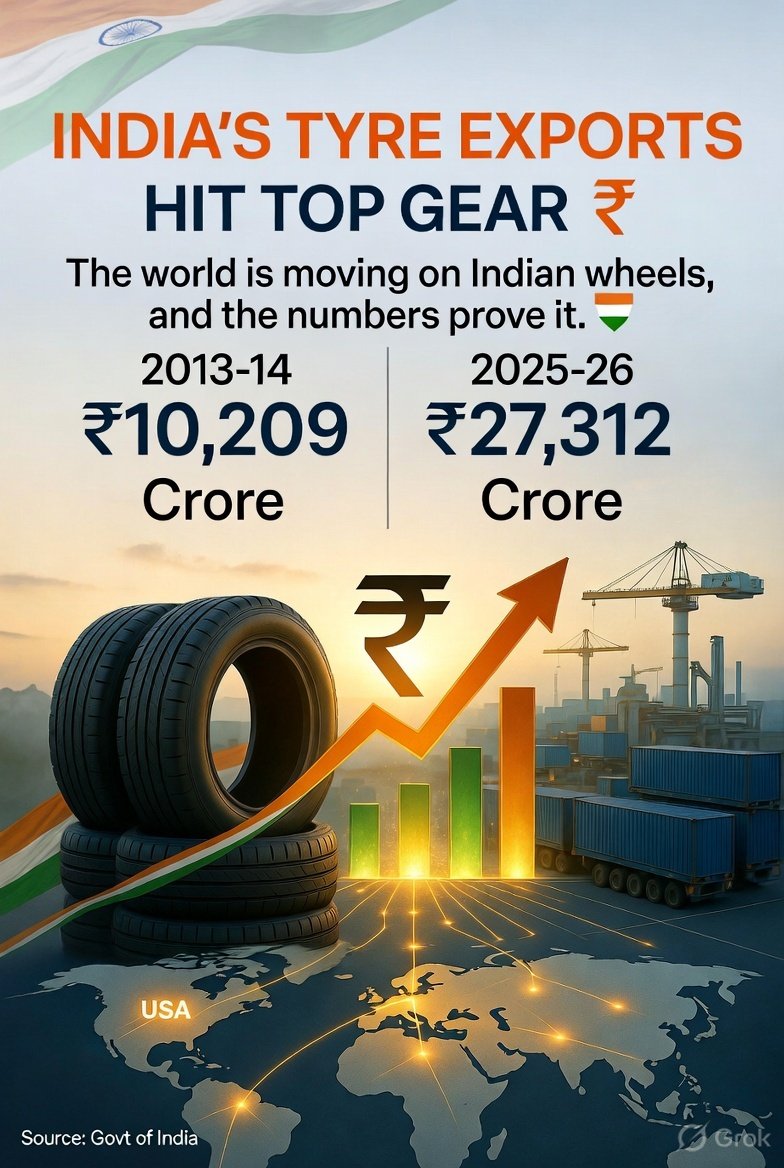 Theindiagrowing's tweet photo. 🚛 The world is moving on Indian wheels! 📈
India’s tyre exports have surged nearly 3X in 12 years!

From ₹10,209 Crore (2013-14) → ₹27,312 Crore (2025-26)
Stronger manufacturing + expanding global footprint = #ViksitBharat in action! 🇮🇳

#IndiaGrowing #TyreExports #MadeInIndia #AtmanirbharBharat #Exports #Manufacturing #Economy #IndianIndustry #ViksitBharat #Infrastructure