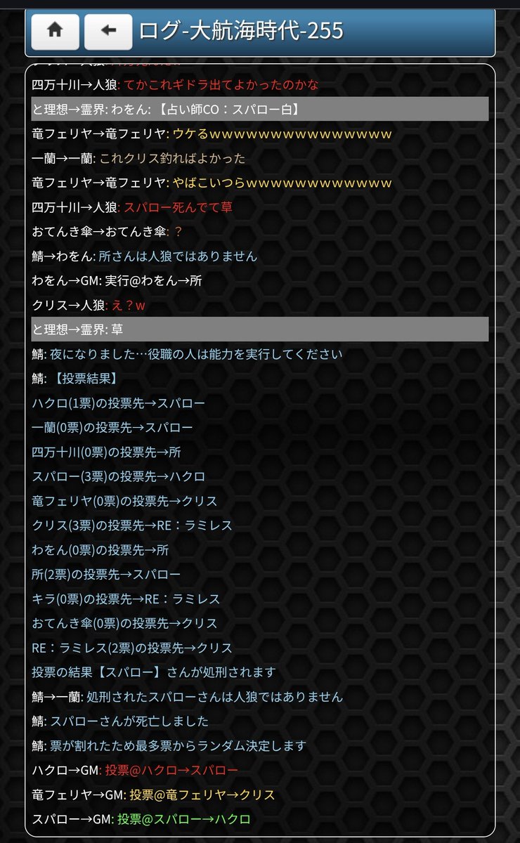 onlinePL_'s tweet photo. 初日白吊られ

わをん:【占スパロー白】

ハクロ:【指定】【スパロー】
竜フェリヤ:スパロー片白だぞ
わをん:俺の白だぞ

【スパロー】さんが処刑されます
と理想:草

RE：ラミレス:あ同村拒否していいですか
一蘭:利敵行為して負けました、これは私のせいではありません
https://t.co/aRyH751Elo https://t.co/enepT3FmfZ