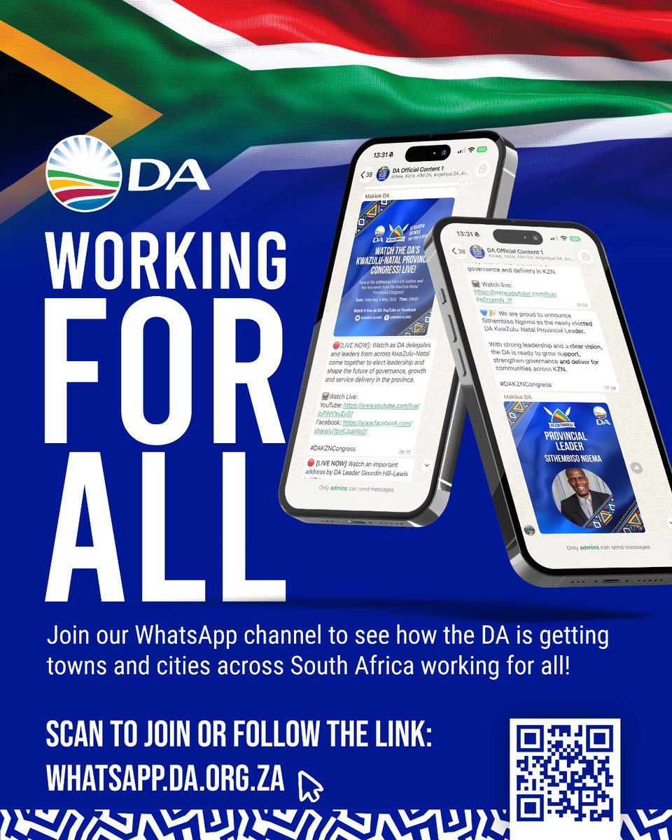 Our_DA's tweet photo. 💙The DA is working each and every day to build a South Africa that works for all of its residents. 

Join our WhatsApp channel today, and stay in the loop with all the latest DA news, updates and events. 

Scan the code below or follow the link attached: https://t.co/KEfYbAooVd https://t.co/0T3iAA1xcr